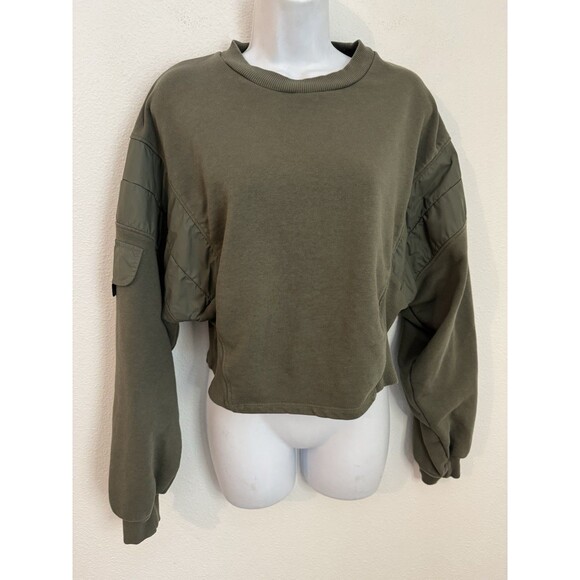 Bershka Sweatshirt Pullover Cropped Crewneck Size M Olive Green Fall Oversized - Picture 1 of 7